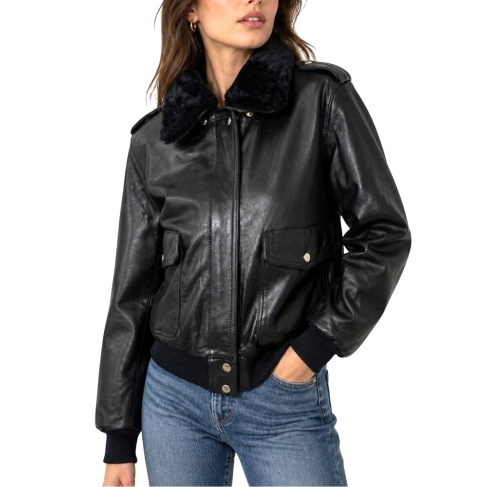 Harley Davidson Hein Gericke Leather‎ Bomber Jacket Black Fur Collar 38W
